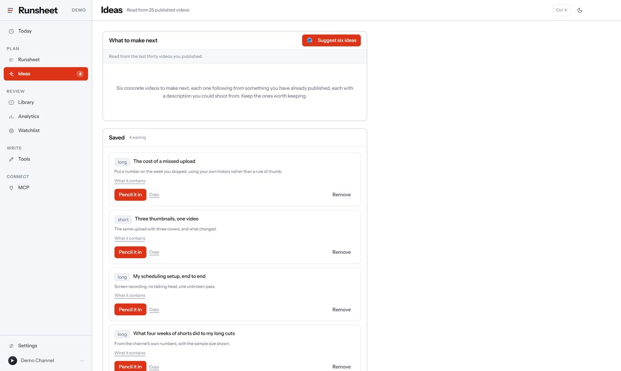Runsheet screenshot: Ideas