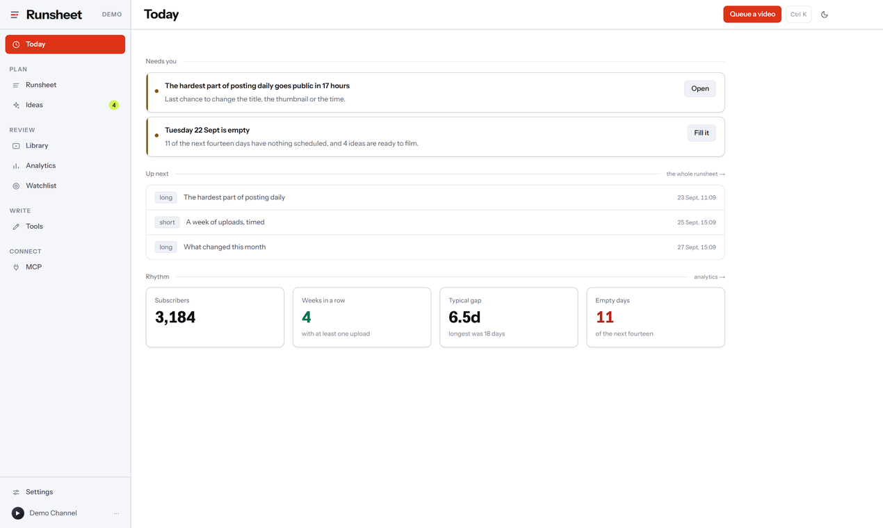Runsheet screenshot: Today
